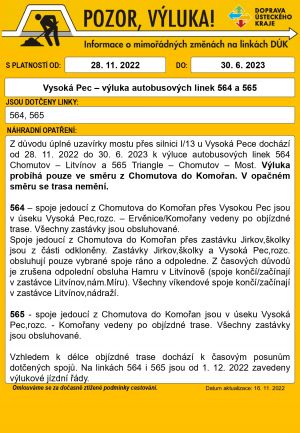 VÝLUKA AUTOBUSOVÝCH LINEK 564 A 565 (28.11.2022 - 30.6.2023)