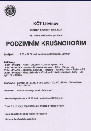 48. ROČNÍK DÁLKOVÉHO POCHODU PODZIMNÍM KRUŠNOHOŘÍM 5. 10. 2024